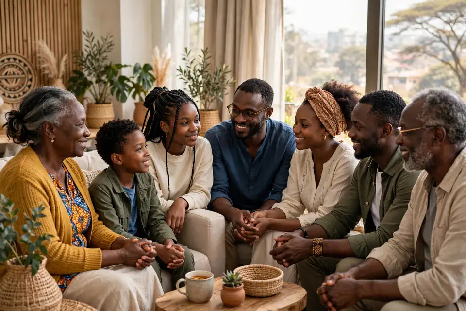 A multigenerational family sharing an open conversation together at home