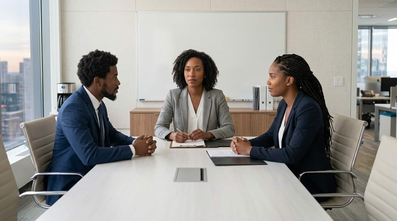 A professional supervision meeting with a supervisor and two supervisees at a table