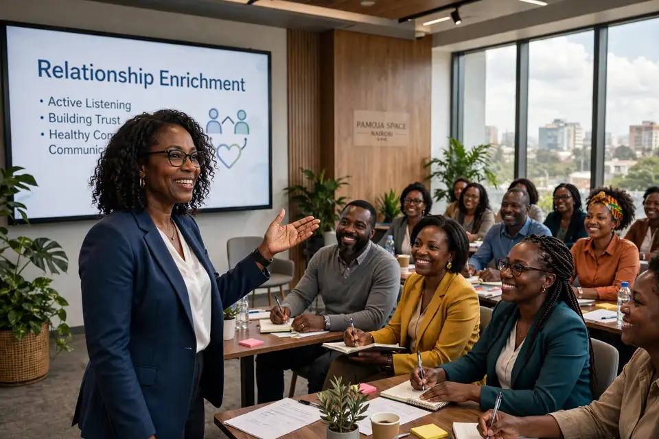 Dr. Roselyn leading a relationship enrichment workshop for a corporate audience in Nairobi
